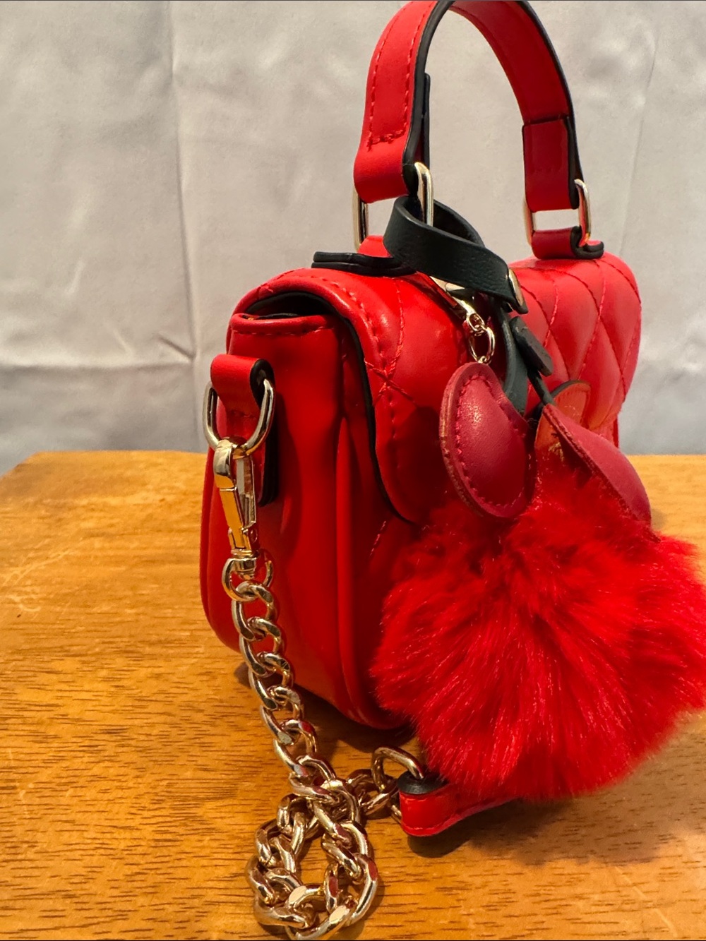 Aldo Red Quilted Mini Crossbody Top-Handle Bag with Pom and Cherry 🍒 Heart Charm - Picture 5 of 6
